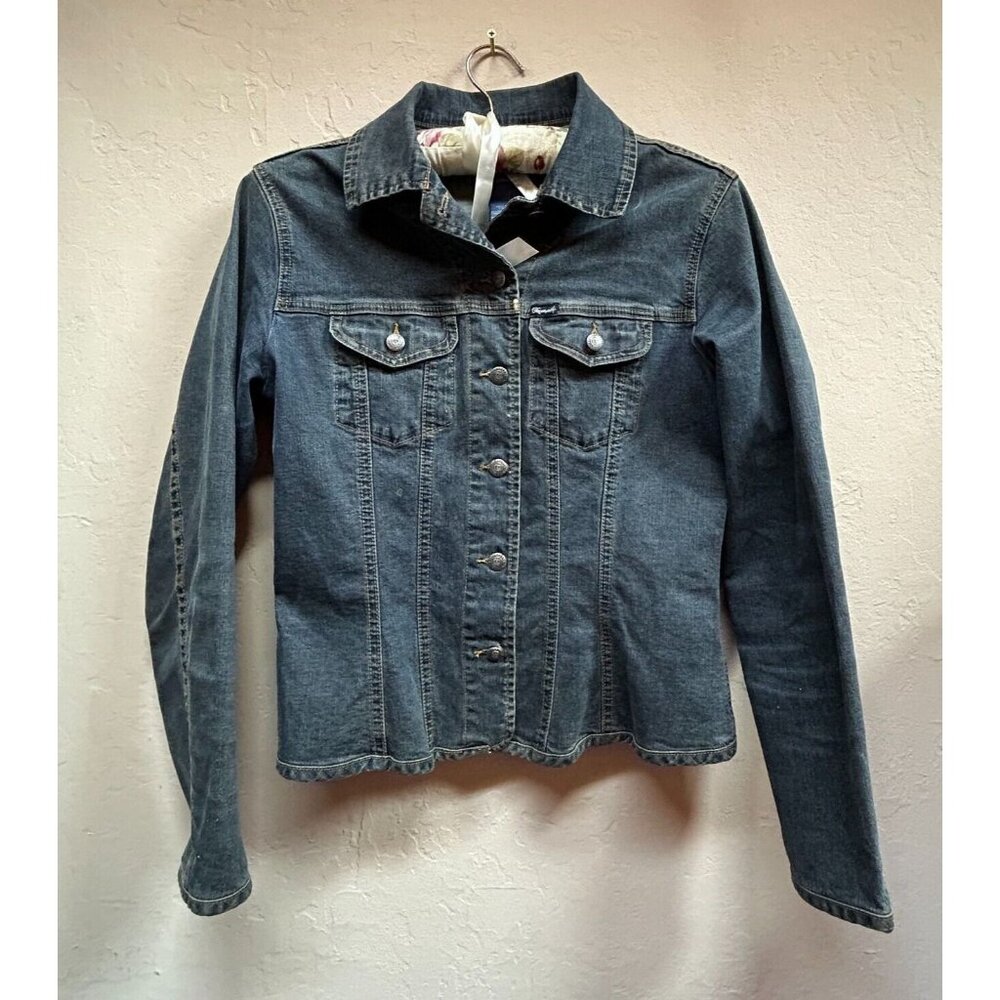 Faconnable Women XS Button Front Denim Jean Jacket Dark Blue Long Sleeve Pockets